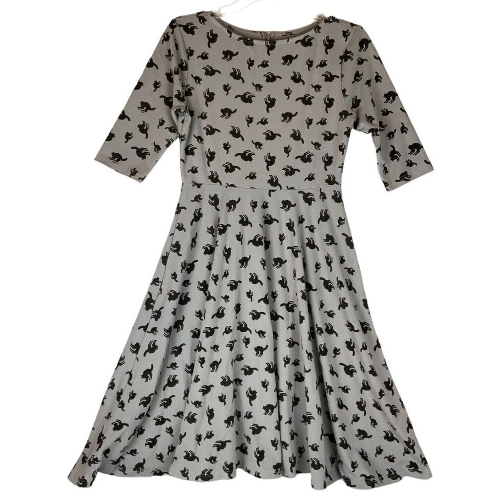 Unique Vintage Black Cat Knit Dress Medium 6-8 Gray Black Fit Flare Halloween - Picture 1 of 4